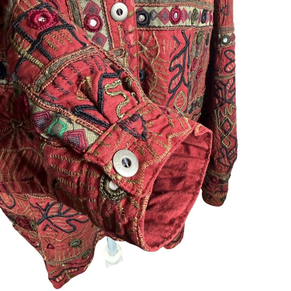 Chicos Rust Red Multi Embroidered Applique Jacket Vintage Boho Size 3 = XL - Picture 8 of 12